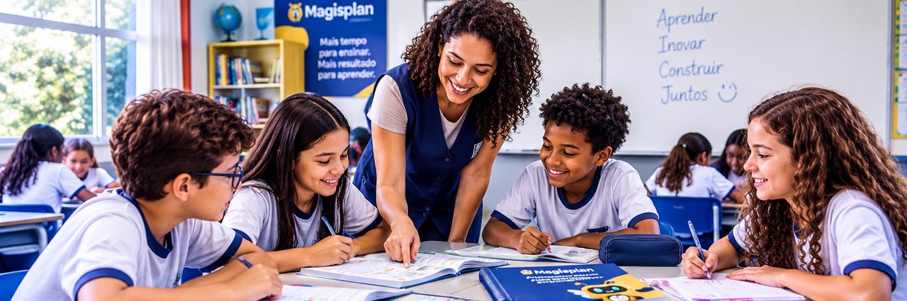 Professora usando o Magisplan em sala de aula com os alunos