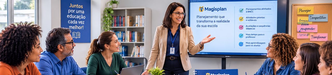 Professora apresentando o Magisplan em uma reunião pedagógica