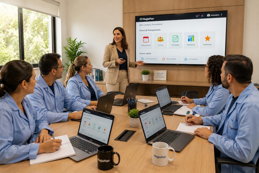 Equipe pedagógica em reunião com o Magisplan