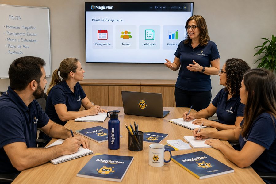 Professores em reunião pedagógica com o Magisplan